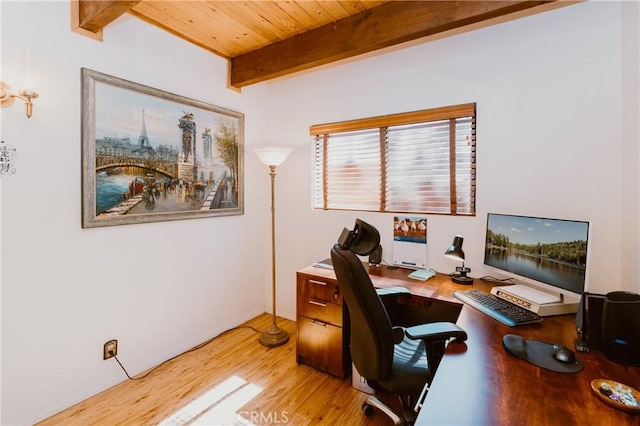1971 Fern Ln, Big Bear City, CA 92314 - home office featuring light hardwood / wood-style floors, wooden ceiling, and beamed ceiling