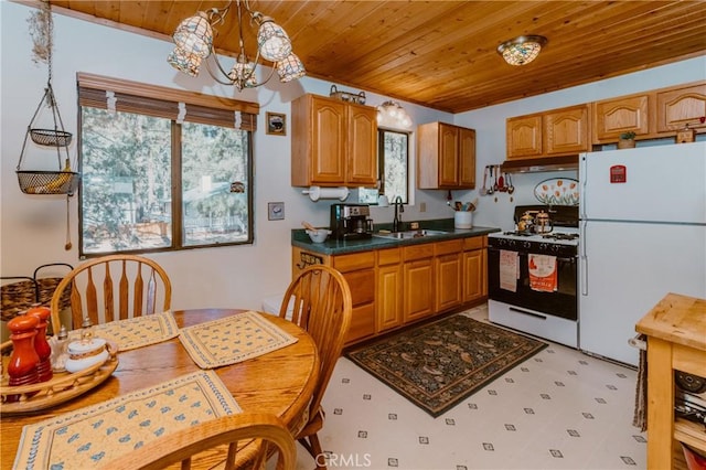 1971 Fern Ln, Big Bear City, CA 92314 - kitchen featuring range with gas stovetop, sink, white refrigerator, plenty of natural light, and wooden ceiling