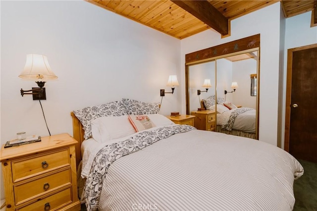 1971 Fern Ln, Big Bear City, CA 92314 - bedroom with wood ceiling, a closet, and beamed ceiling