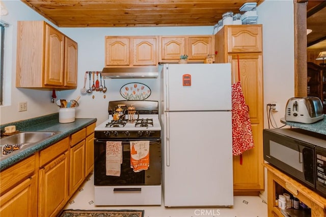 1971 Fern Ln, Big Bear City, CA 92314 - kitchen with wood ceiling, white appliances, and sink