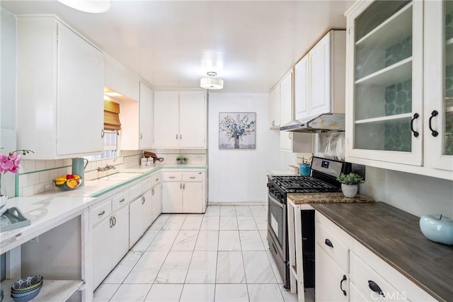 kitchen with stainless steel range with gas cooktop, marble finish floor, decorative backsplash, a sink, and under cabinet range hood