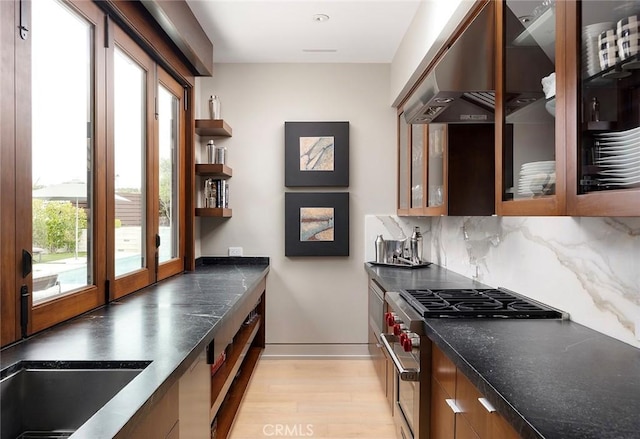 kitchen with tasteful backsplash, stainless steel range, plenty of natural light, and light hardwood / wood-style floors