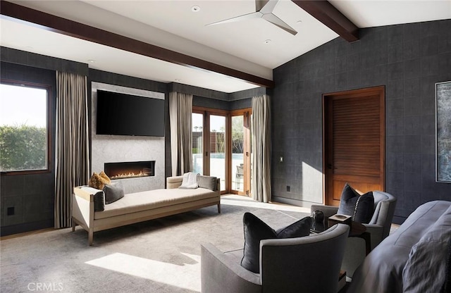 carpeted living room featuring lofted ceiling with beams, ceiling fan, tile walls, and a fireplace