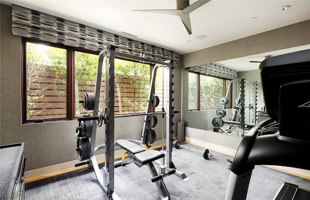 workout room featuring ceiling fan and wood-type flooring