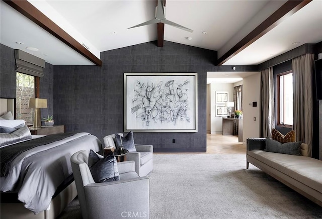 bedroom with vaulted ceiling with beams and light colored carpet