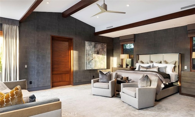 bedroom featuring lofted ceiling with beams, light carpet, and ceiling fan