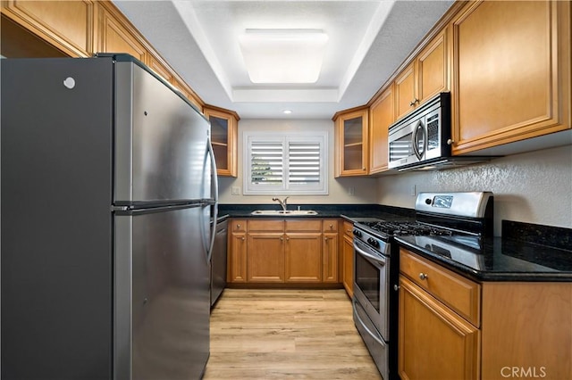 kitchen with sink, light hardwood / wood-style flooring, stainless steel appliances, a raised ceiling, and dark stone counters