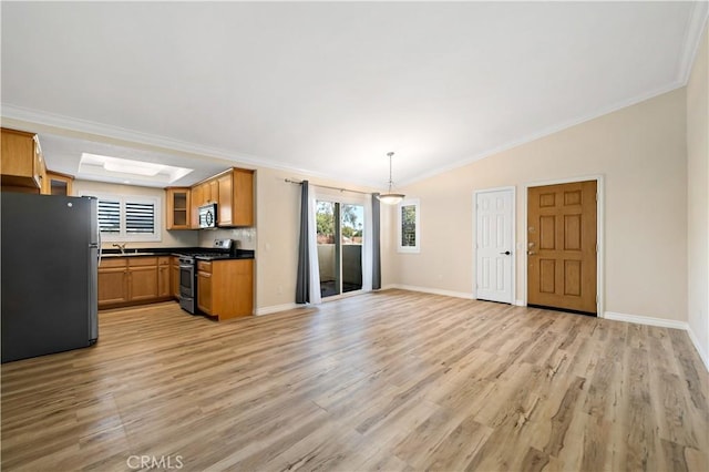 kitchen with crown molding, appliances with stainless steel finishes, light wood-type flooring, and decorative light fixtures