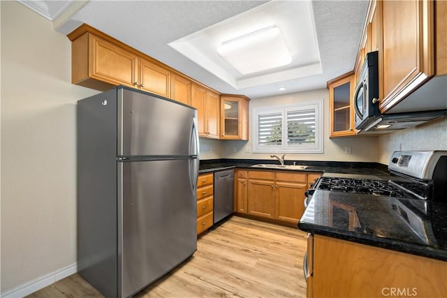 kitchen featuring stainless steel appliances, a raised ceiling, sink, and light wood-type flooring