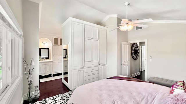 41 Baroness Ln, Laguna Niguel, CA 92677 - bedroom with ornamental molding, lofted ceiling, ceiling fan, and visible vents