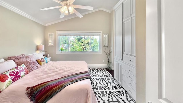 41 Baroness Ln, Laguna Niguel, CA 92677 - bedroom with vaulted ceiling, ornamental molding, baseboards, and a ceiling fan