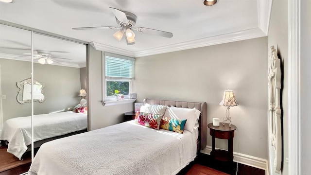 41 Baroness Ln, Laguna Niguel, CA 92677 - bedroom with baseboards, ceiling fan, crown molding, and wood finished floors