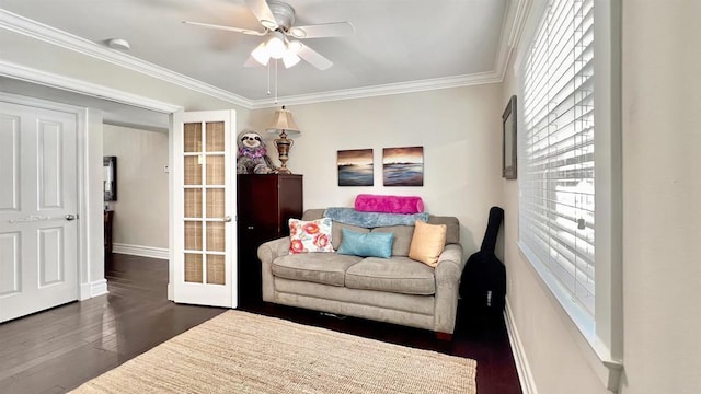 41 Baroness Ln, Laguna Niguel, CA 92677 - sitting room with ceiling fan, ornamental molding, baseboards, and dark wood-style floors