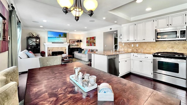 41 Baroness Ln, Laguna Niguel, CA 92677 - kitchen with a peninsula, stainless steel appliances, ornamental molding, open floor plan, and white cabinets