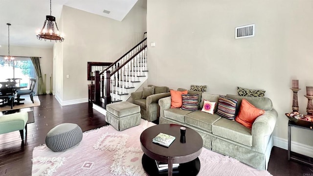 41 Baroness Ln, Laguna Niguel, CA 92677 - living area featuring baseboards, a notable chandelier, visible vents, and high vaulted ceiling