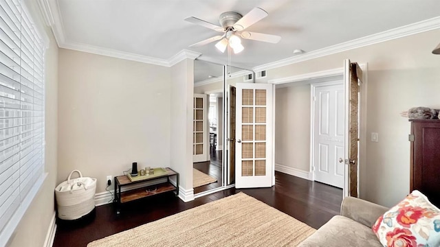 41 Baroness Ln, Laguna Niguel, CA 92677 - bedroom with french doors, baseboards, ceiling fan, crown molding, and wood finished floors