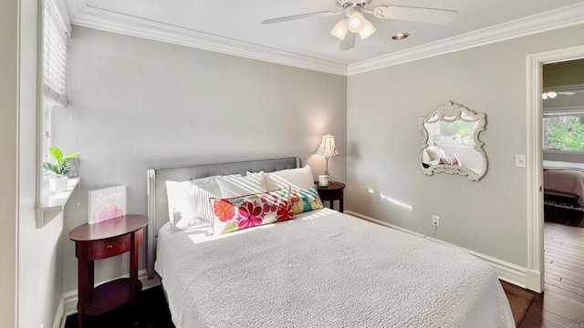 41 Baroness Ln, Laguna Niguel, CA 92677 - bedroom featuring baseboards, ornamental molding, a ceiling fan, and wood finished floors