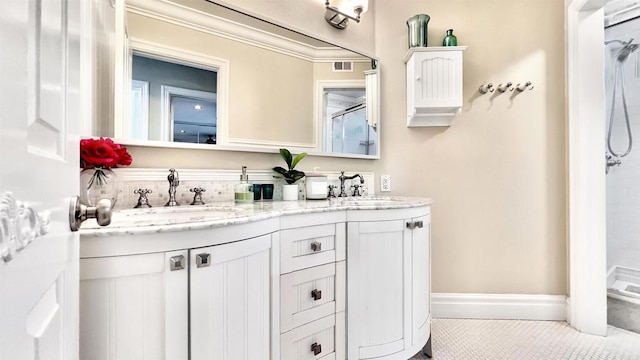 41 Baroness Ln, Laguna Niguel, CA 92677 - full bath with walk in shower, double vanity, tile patterned floors, and a sink