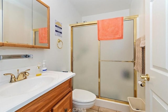 bathroom featuring tile patterned flooring, vanity, an enclosed shower, and toilet