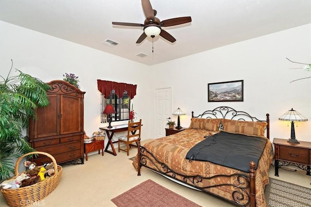 carpeted bedroom featuring ceiling fan