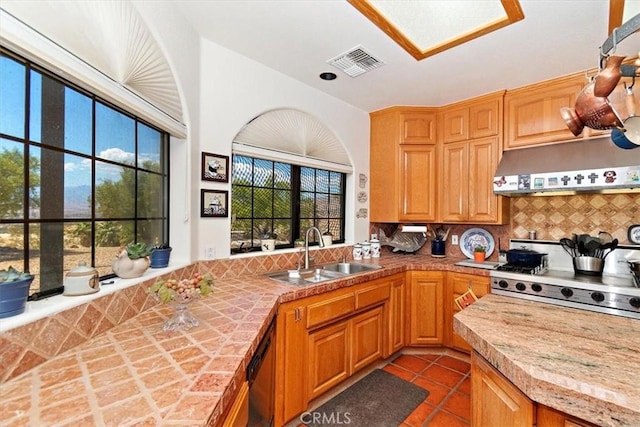 kitchen with tasteful backsplash, sink, stove, stainless steel dishwasher, and tile patterned floors