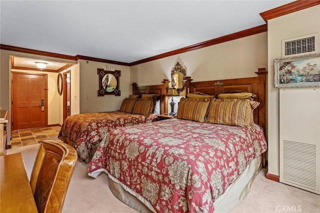 bedroom with crown molding and light colored carpet