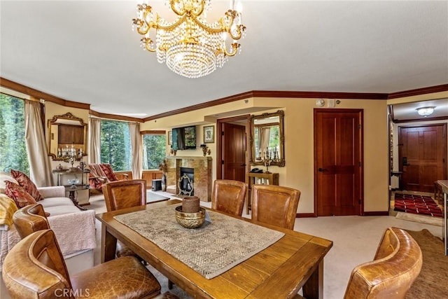 dining area with light colored carpet, ornamental molding, and a chandelier