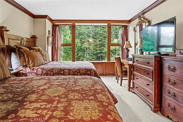 bedroom with light colored carpet and ornamental molding