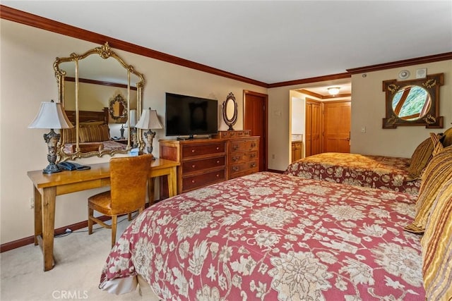 bedroom with ornamental molding and light colored carpet