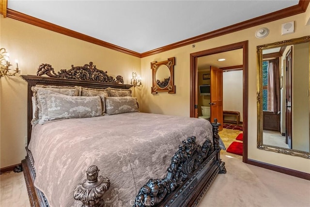 bedroom with crown molding and light colored carpet