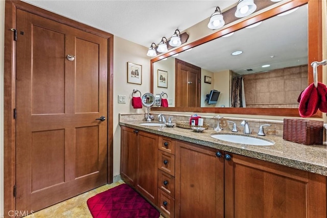 bathroom with vanity, a shower with shower curtain, and decorative backsplash