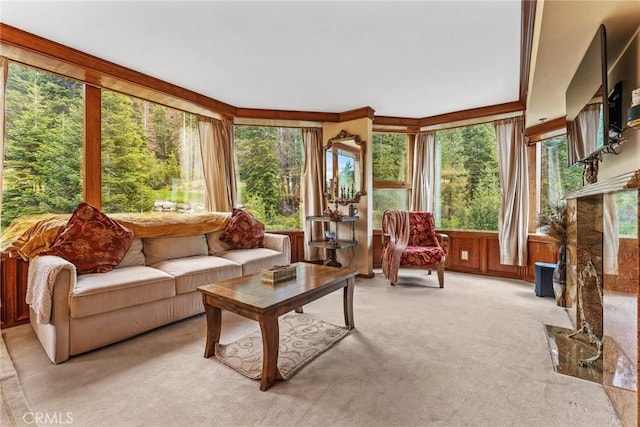 sunroom / solarium featuring a premium fireplace and a healthy amount of sunlight