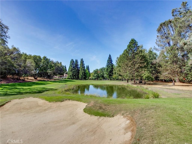 view of property's community featuring a yard and a water view