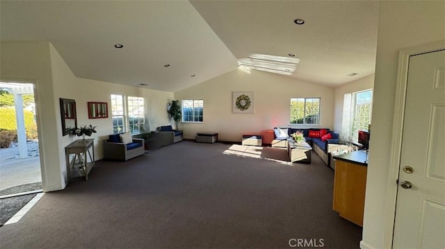 living area featuring lofted ceiling and carpet floors