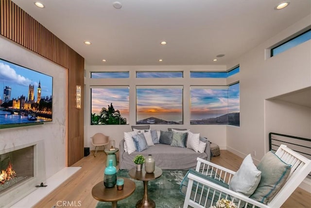 living room with light hardwood / wood-style floors and a high end fireplace