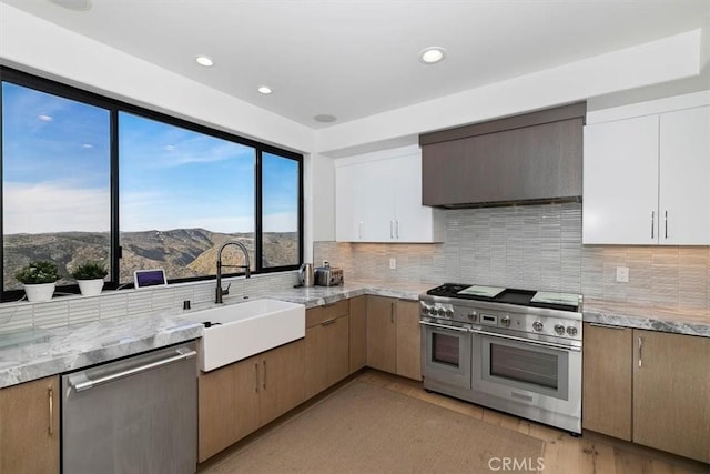 kitchen with a sink, appliances with stainless steel finishes, tasteful backsplash, and custom range hood