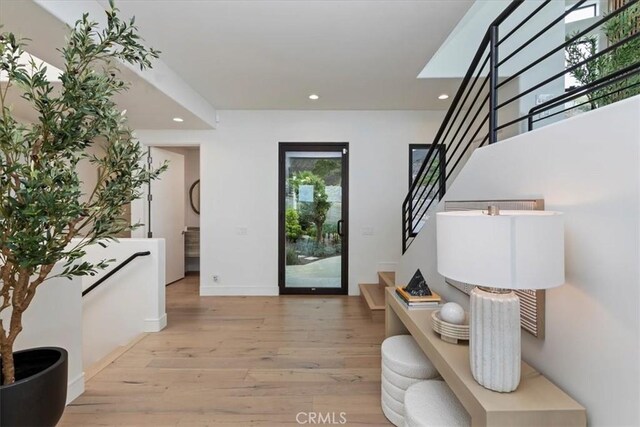 1425 Skyline Dr, Laguna Beach, CA 92651 - entrance foyer featuring recessed lighting, light wood finished floors, and stairs
