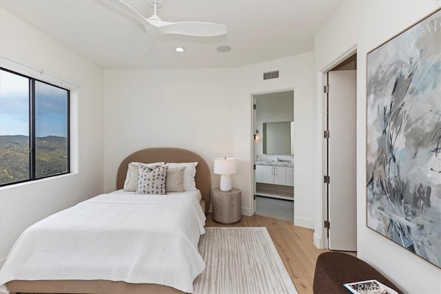 1425 Skyline Dr, Laguna Beach, CA 92651 - bedroom with light wood-style floors, recessed lighting, ensuite bathroom, and ceiling fan