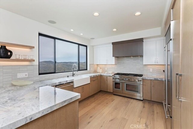 1425 Skyline Dr, Laguna Beach, CA 92651 - kitchen with appliances with stainless steel finishes, light stone countertops, light wood finished floors, wall chimney range hood, and backsplash