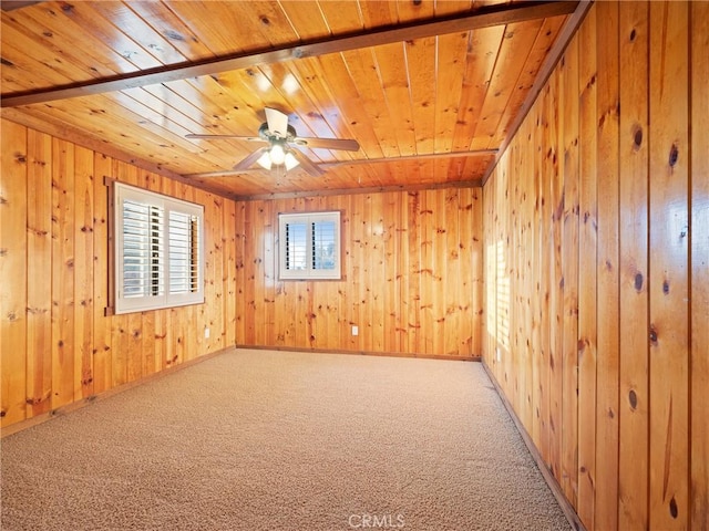 spare room featuring carpet flooring, wooden ceiling, ceiling fan, and wood walls