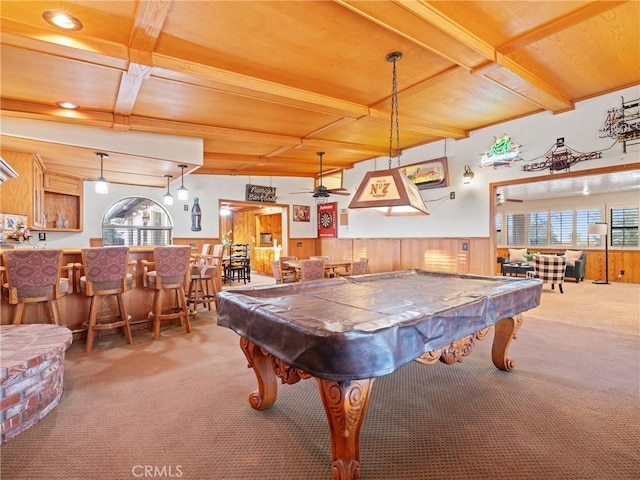 game room featuring bar area, billiards, beamed ceiling, and carpet