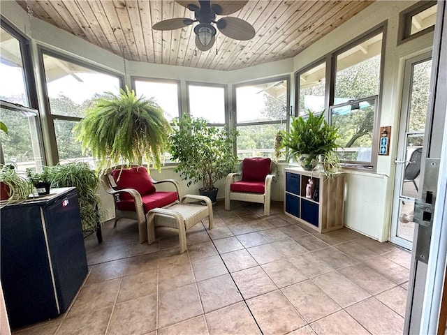 sunroom / solarium with ceiling fan and wooden ceiling