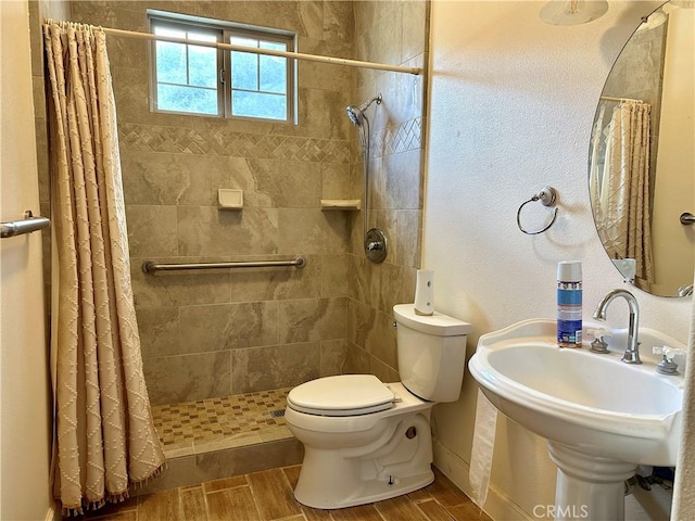 bathroom featuring a shower with curtain, toilet, and sink