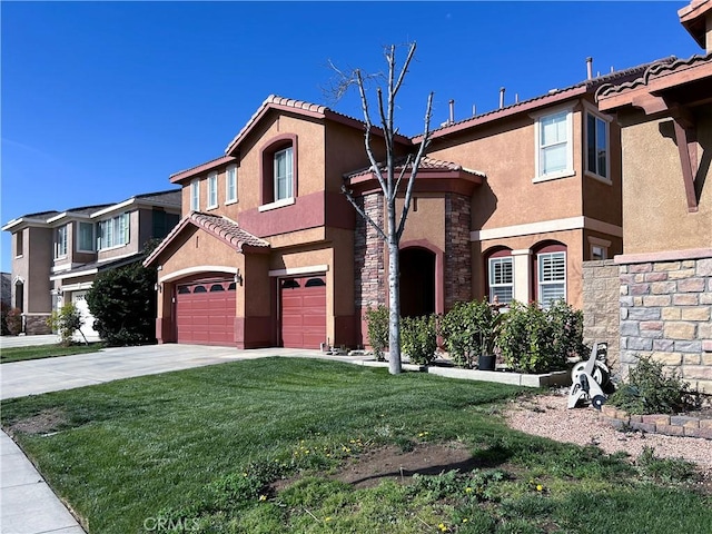 view of front of property with stucco siding, driveway, stone siding, an attached garage, and a front yard