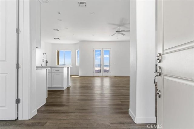 interior space featuring ceiling fan, dark hardwood / wood-style flooring, and sink