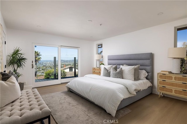 bedroom featuring access to outside, a view of city, and wood finished floors