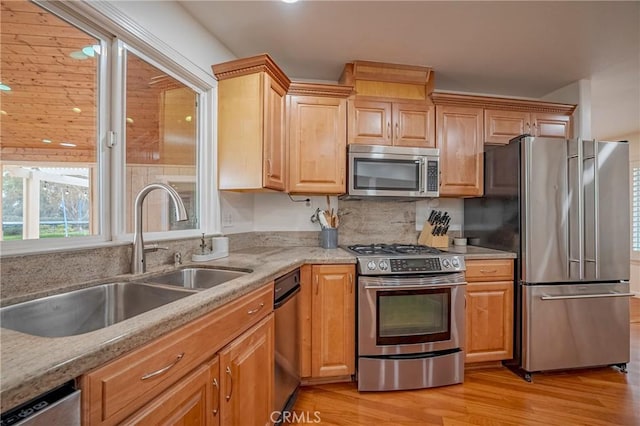 kitchen featuring light hardwood / wood-style flooring, sink, stainless steel appliances, and light stone counters