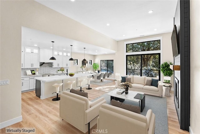 living room with sink, a fireplace, and light hardwood / wood-style floors