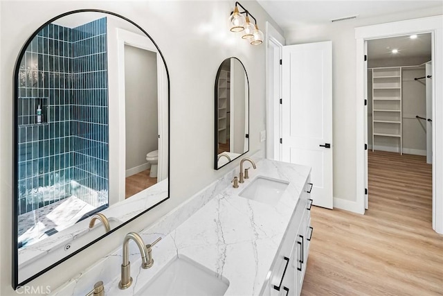 bathroom featuring vanity, toilet, and hardwood / wood-style floors