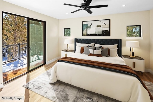 bedroom with ceiling fan, access to exterior, and light hardwood / wood-style floors
